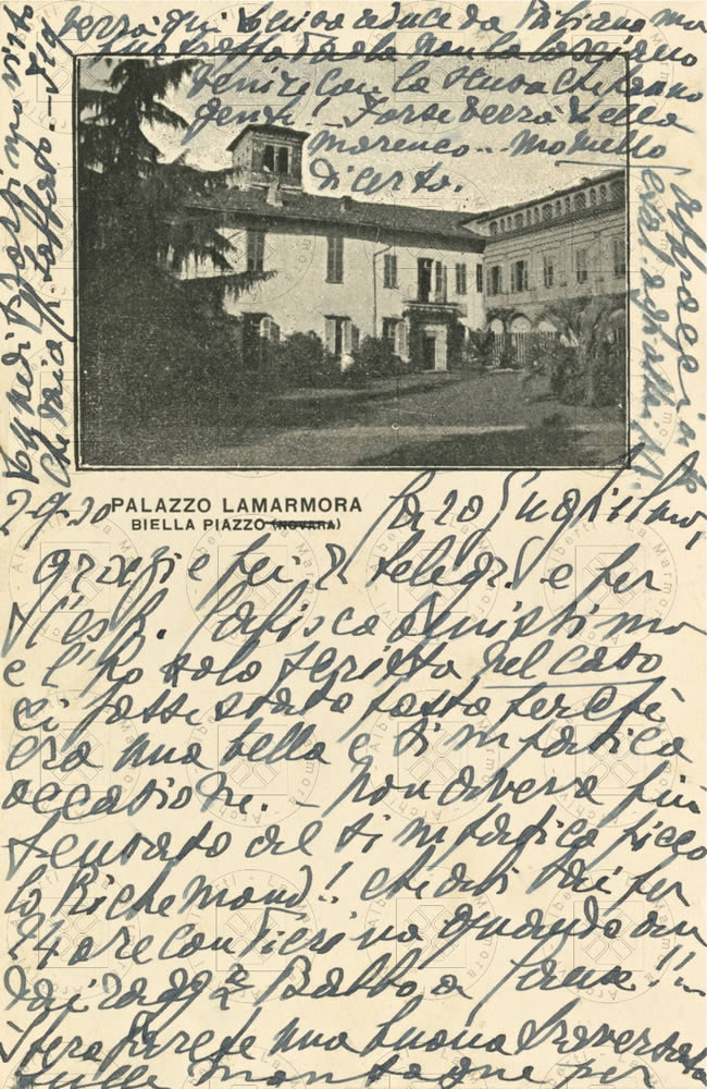 Palazzo La Marmora a Biella, cartolina della madre Enrichetta ad Alberti, 2 settembre 1930